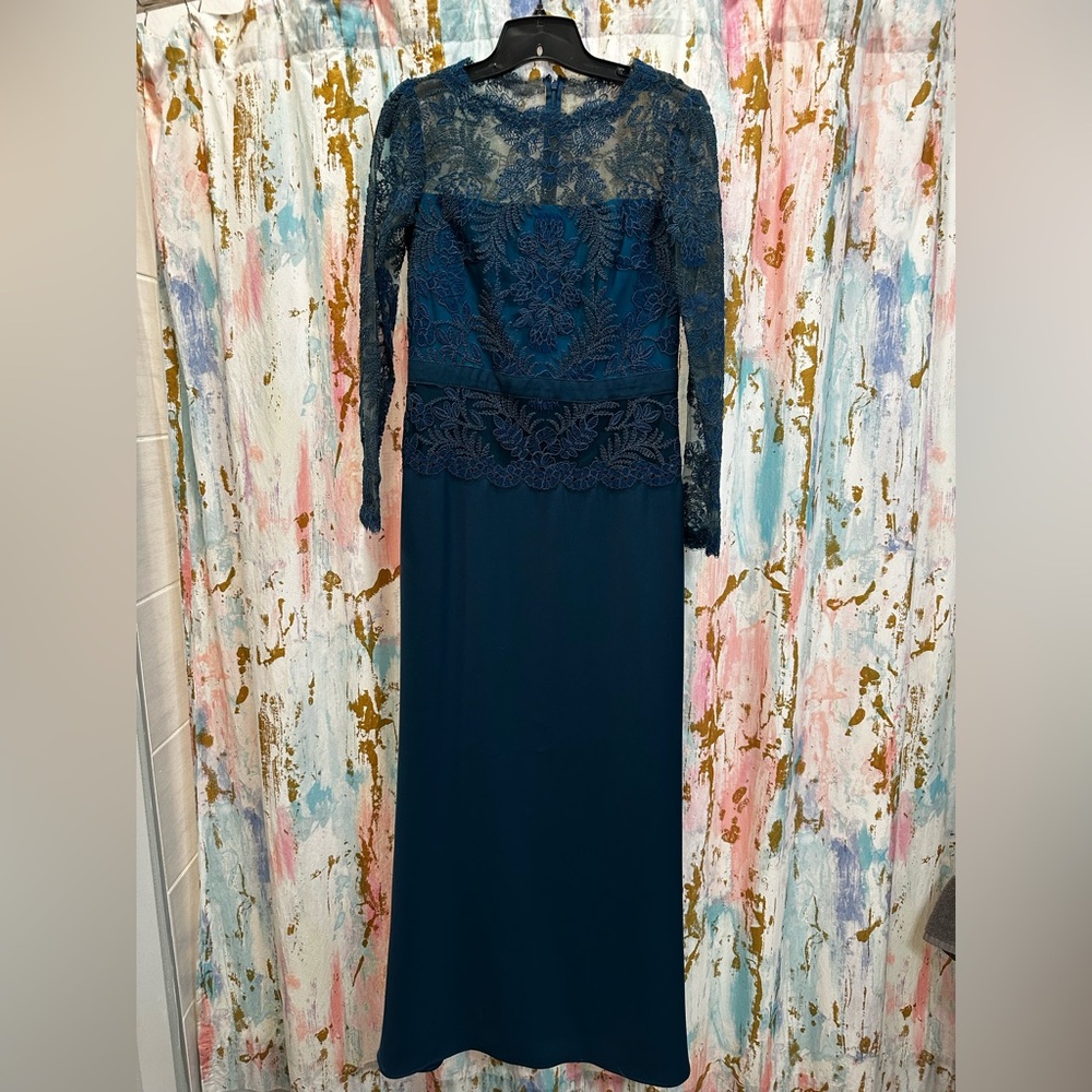 Tadashi Shoji Teal Lace Long Sleeve Evening Gown